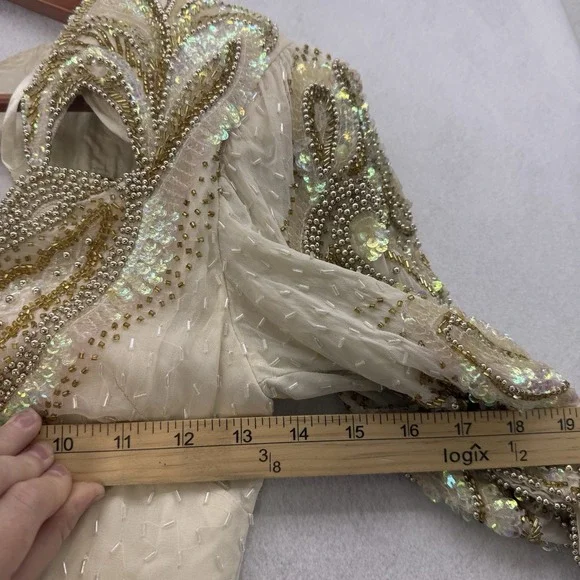 Vintage 1980s Silk Beaded Art Deco Maxi Gown Formal Evening Dress Size M - Picture 7 of 11